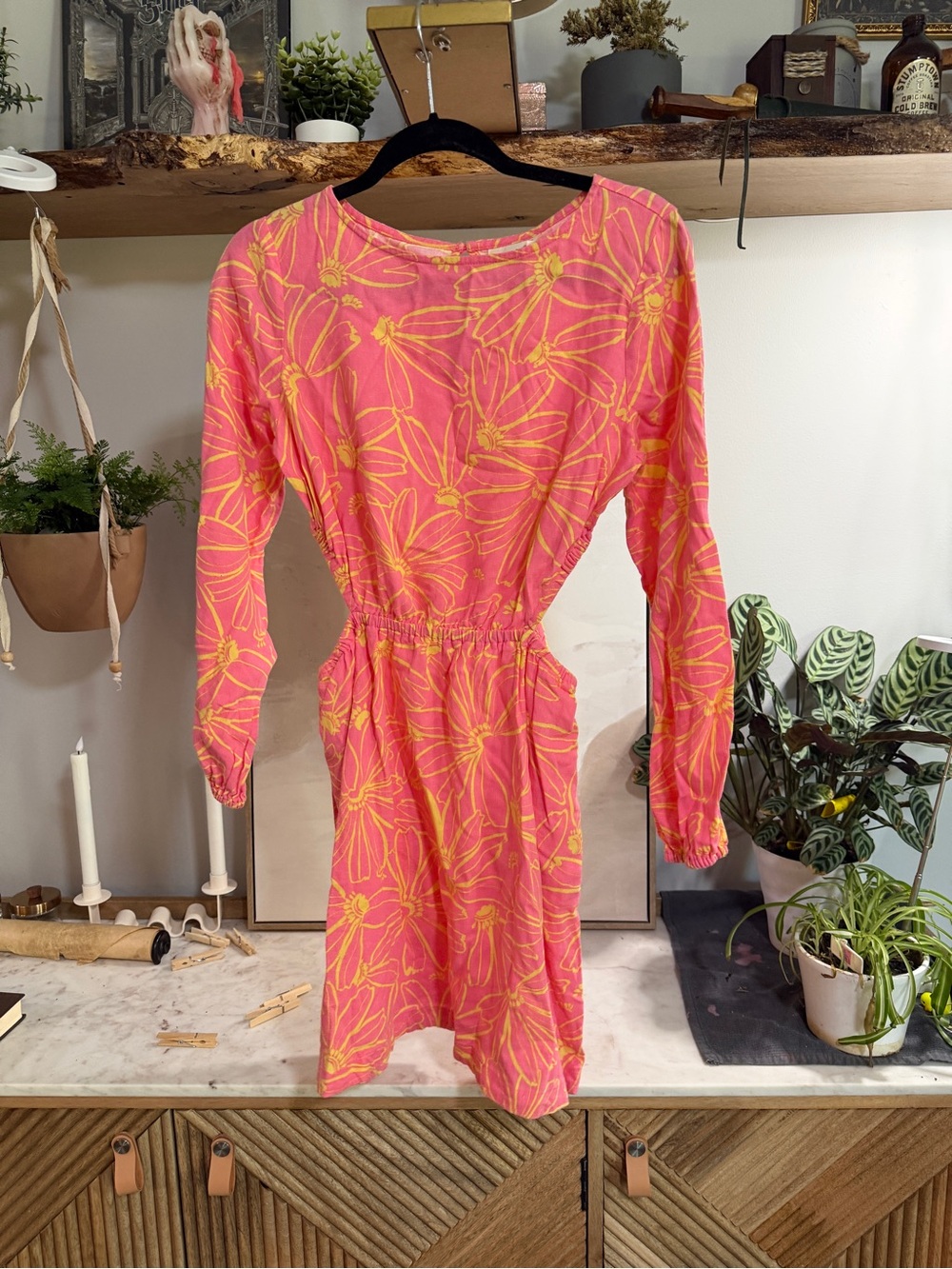 NWT Universal Thread Women's Pink & Yellow Cut Out Floral Long-Sleeve Dress